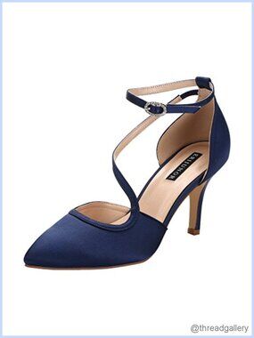 Women Satin Ankle Strap Mid Heel Pointed Toe Dress Pumps Formal Evening Shoes